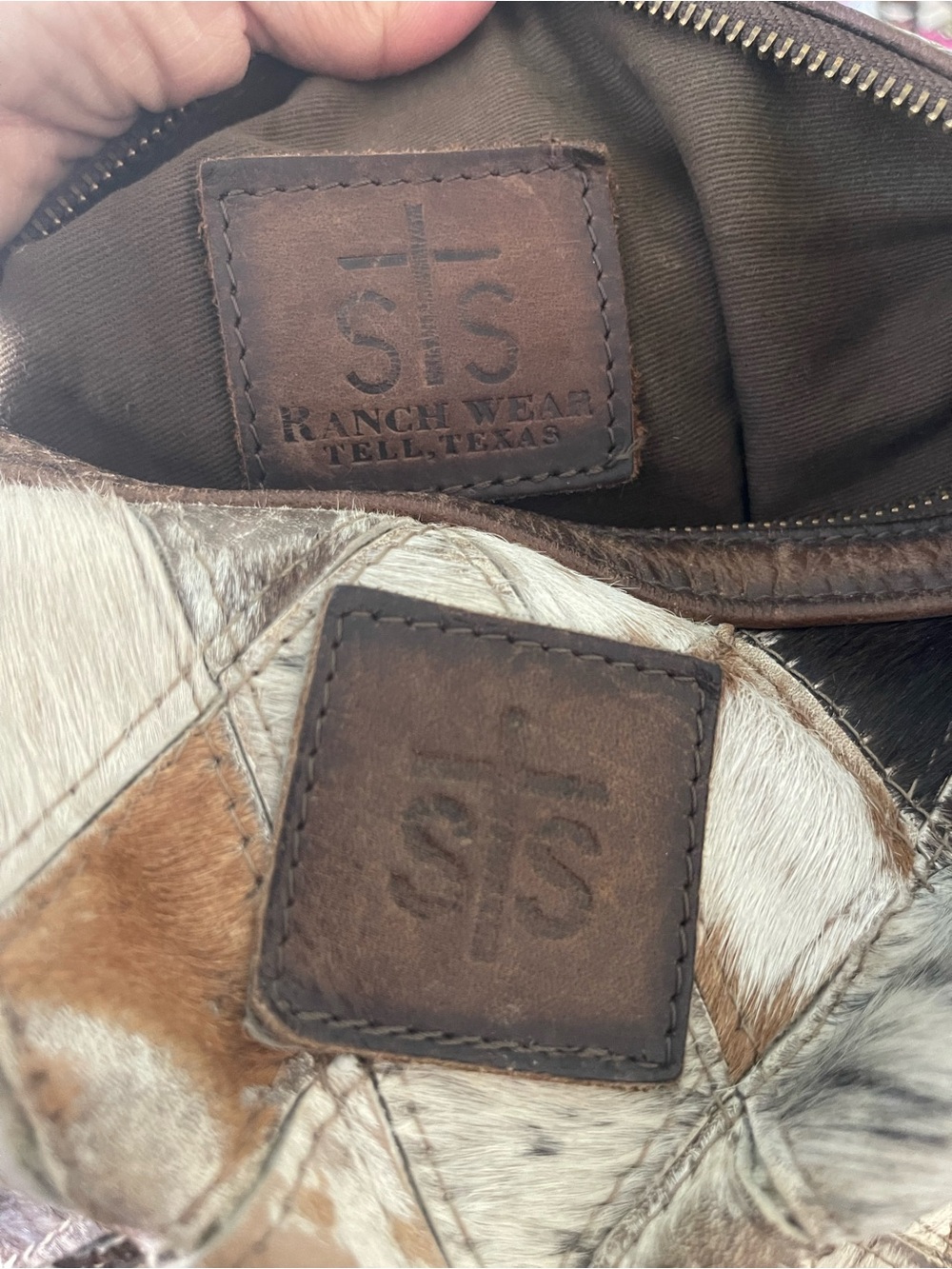 STS Ranchwear Brown Multi Patchwork Cowhide Crossbody Bucket Bag - Picture 12 of 14